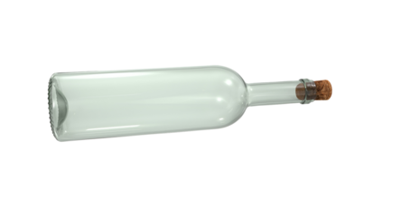 A clear glass bottle with a cork stopper, often used for storing messages, liquids, or decorative purposes.