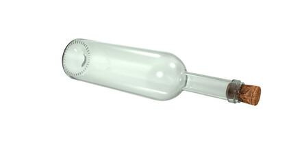 A clear glass bottle with a cork, designed for holding liquids, possibly wine or other beverages.