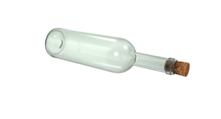 A clear glass bottle with a cork, designed for holding liquids, possibly wine or other beverages.