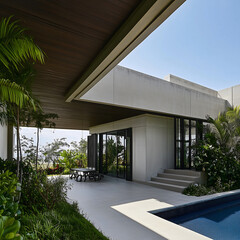 The covered outdoor patio of a modern concrete house, showing a seamless transition to the swimming pool and lush garden area.