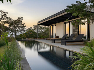 A modern minimalist villa with a long infinity-edge swimming pool and lounge chairs on a patio overlooking a scenic landscape at dusk.