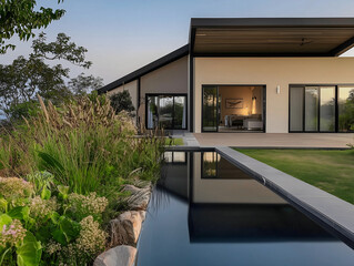  A modern house with a sleek design, featuring a reflection pool and lush, wild landscaping in the backyard at sunset.