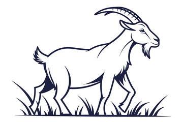 Majestic goat strides confidently through sparse grass in a detailed, monochrome silhouette
