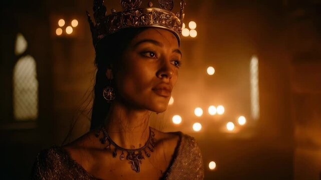 Historical drama featuring a queen in a dimly lit castle with candlelight creating an atmospheric setting and deep emotions expressed through her gaze