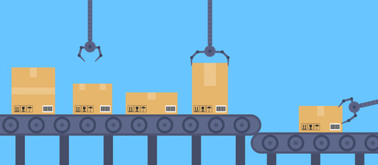cardboard boxes parcels conveyor automatic line factory production vector illustration