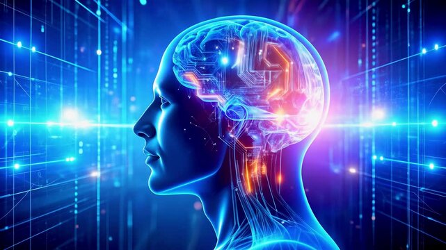 Futuristic concept of digital mind uploading showing a glowing human brain interconnected with neural data and circuits in a high-tech virtual environment.