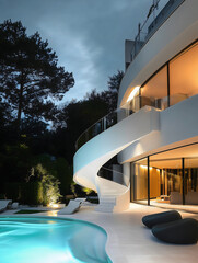 The grand entrance of a contemporary luxury home, highlighted by an elegant white spiral staircase with a glass banister at dusk.