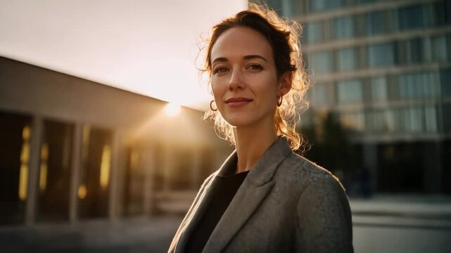 Professional woman stands confidently outdoors against a sunset backdrop in a modern urban setting