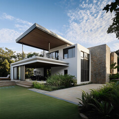 The exterior of a stunning modern house with a large cantilevered roof, stone wall accents, and a manicured green lawn.