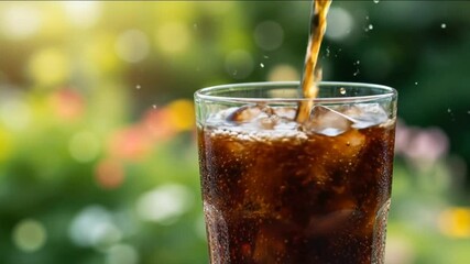 Refreshing cola soda being poured into a glass cup with ice on a sunny summer day. - Powered by Adobe