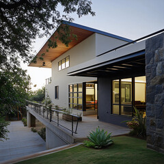 Exterior view of a modern and luxurious house with a sloped wooden roof and concrete ramp access at dusk