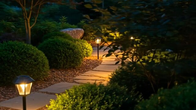 Winding stone garden path illuminated by solar-powered lights at night, creating a serene and elegant landscape scene