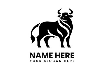 A stylized black bull stands with its head turned slightly, isolated on a white background.