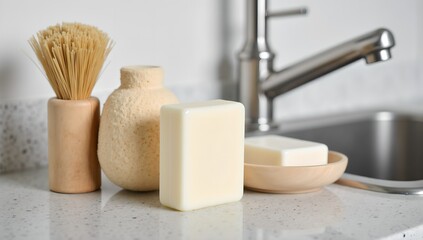Hygiene and cleaning products on a modern bathroom or kitchen countertop