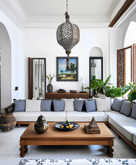 Elegant Living Room with Carved Pendant Light, White Sofa, and Wooden Table