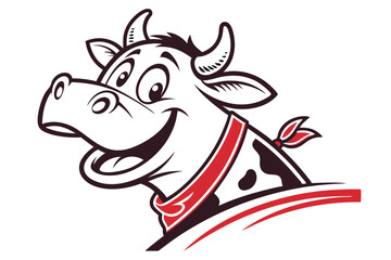 Cheerful cartoon cow with red bandana looks forward with a big happy smile today