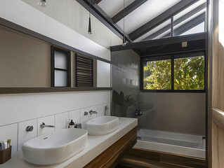 Contemporary Bathroom with Double Vanity, Skylight, and Garden View