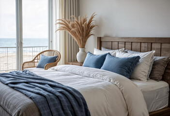 A coastal-style bedroom with an oak bed frame, crisp white linens, and blue chambray cushions.