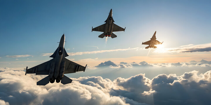 Silhouetted fighter jets in V formation at sunset - Powered by Adobe