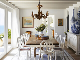 Bright Seaside Dining Room with Rustic Wooden Table and White Chairs