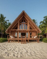 Back view of a Polynesian longhouse that fuses ancient architecture with minimalism in front of beach designed in a coral and driftwood theme