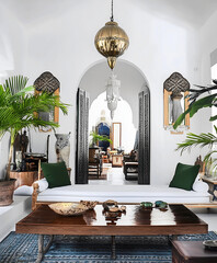 Elegant Moroccan Living Room with Arched Entry, Brass Pendant, and Tropical Plants