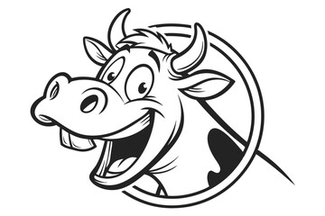Animated cheerful cow head displaying its teeth within a circular frame in monochrome