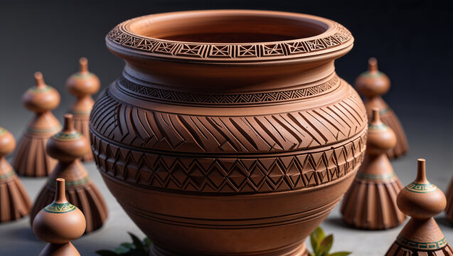 Detailed view of a beautifully crafted terracotta vase adorned with intricate geometric patterns alongside smaller decorative gourd-shaped vessels. - Powered by Adobe