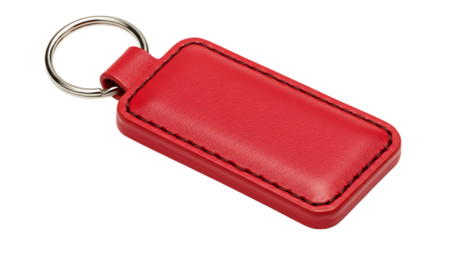 Red leather keychain with metal ring isolated on transparent background