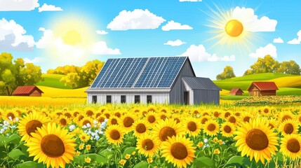 Serene Rural Landscape with Sunflowers and Solar Panels under a Bright Sky with Fluffy Clouds, Perfect for Sustainable Living Themes