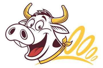 Smiling cartoon cow with a yellow scarf cheerfully says moo over white background