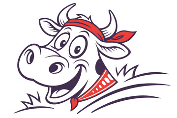Playful cartoon cow smiles wearing a bandana around its head and neck in vector