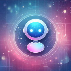 A color image of the avatar of a cute cartoon cyborg in a digital virtual space on a purple blue-pink background. Vector graphics. EPS.