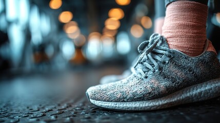 Athlete with injured ankle wrapped in medical tape during workout, sports injury treatment and recovery concept, fitness and healthcare theme.