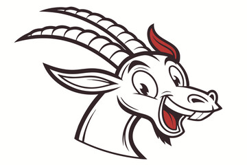 Outlined happy cartoon ibex head displays a playful red accent atop its whimsical horns
