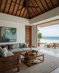 Living area of a Balinese courtyard house that fuses ancient architecture with minimalism in front of beach designed in a bamboo and ocean teal theme