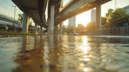 Serene Urban Sunset Reflected on Rainy Street with Modern Architecture, Glowing Sunlight and Vibrant City Life in the Background