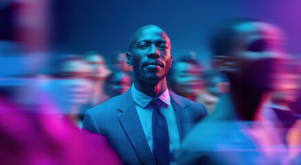 Confident African American Business Leader Standing Still Amidst a Pink and Blue Neon Motion-Blurred Crowd