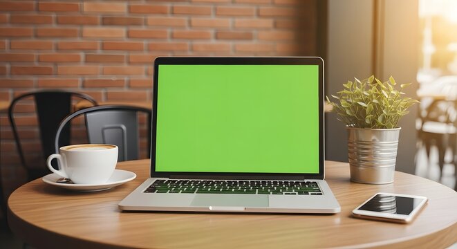 Laptop with Green Screen Mockup in a Cozy Coffee Shop Setting Perfect for Freelancers, Designers, and Businesses