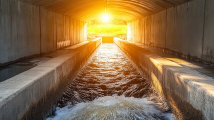 Serene Water Flow Through Concrete Tunnel at Sunset with Natural Light Illuminating the Calm River Scene
