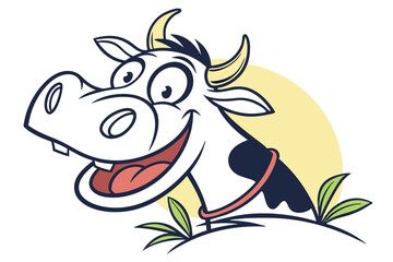 The happy white cow illustration shows off a cute smile near green leaves