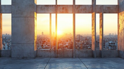 Stunning Urban Sunset View from a Bare Concrete Building Frame Overlooking a Cityscape with Skyline and Warm Light Casting Shadows in the Evening
