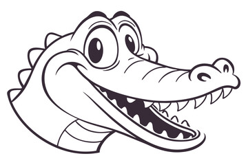 A cartoon crocodile head with a large smile shows pointed teeth, outlined in black