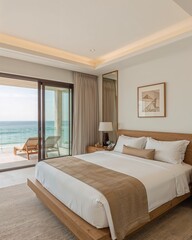 Sleeping area of a Thai coastal villa that fuses ancient architecture with minimalism in front of beach designed in pale gold and wave white theme