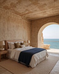 Sleeping area of an Assyrian style stone house that fuses ancient architecture with minimalism in front of beach designed in lapis blue and sandstone theme