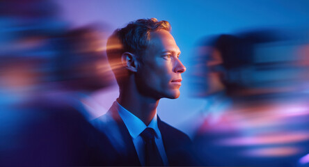Focused businessman standing still amid fast-moving crowd in neon blue and magenta light