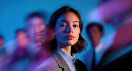 Confident businesswoman standing still in fast-moving corporate crowd framed by motion and pink and blue lighting