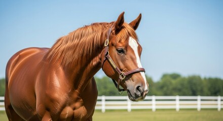 Fototapeta premium A chestnut horse stands in a pasture under a clear blue sky.
