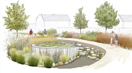 Tranquil Garden Design Featuring Native Plants, Water Feature, Pathways, and Scenic Views of Nature with People Enjoying Outdoor Space in a Residential Setting
