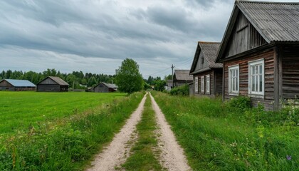 Overcast Outskirts – Village Path Between Grass and Wood